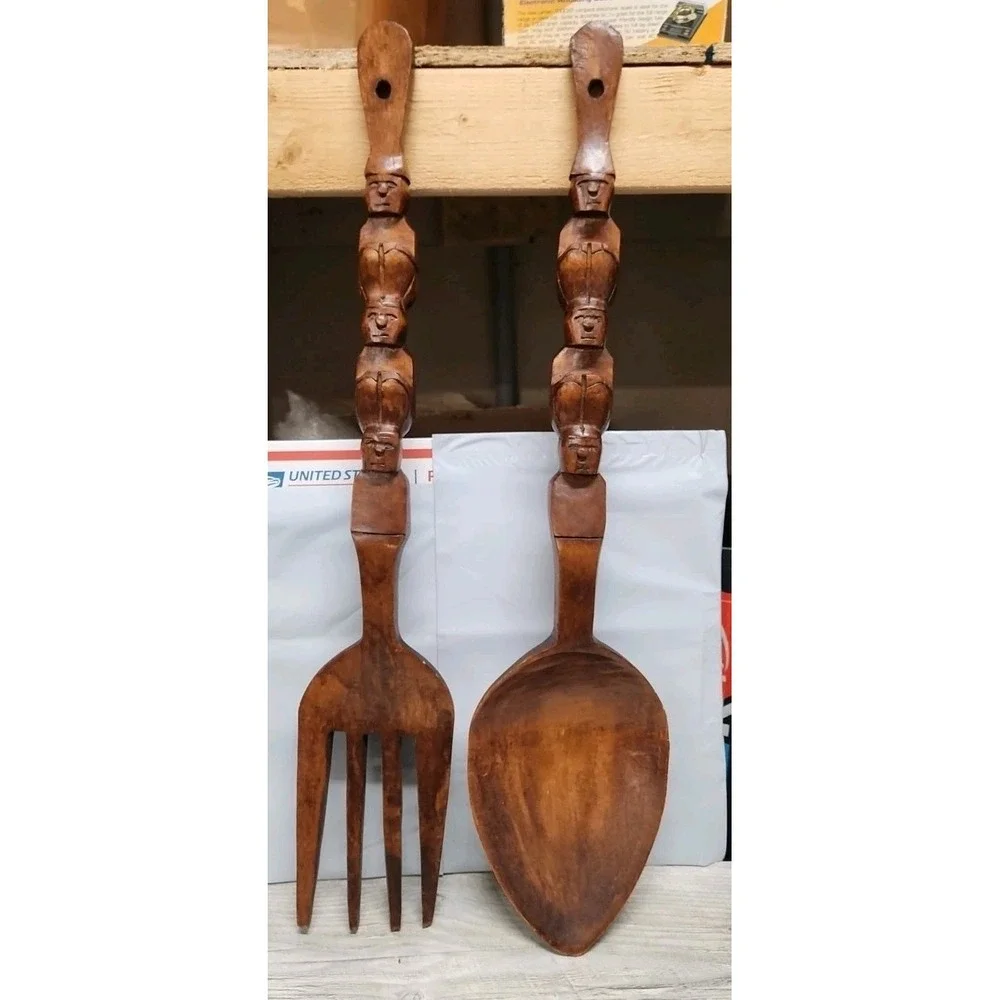 Vintage MCM Tiki Fork & Spoon‎ Wood Wall Decor 27